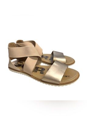 SOREL Ella Women’s Beige Metallic Strap Sandals with Elastic Ankle Wrap Sz.7